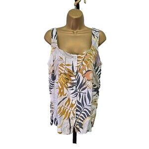 C C California Sleeveless Linen Button Top Womens Med Floral Neutral Summer Vaca